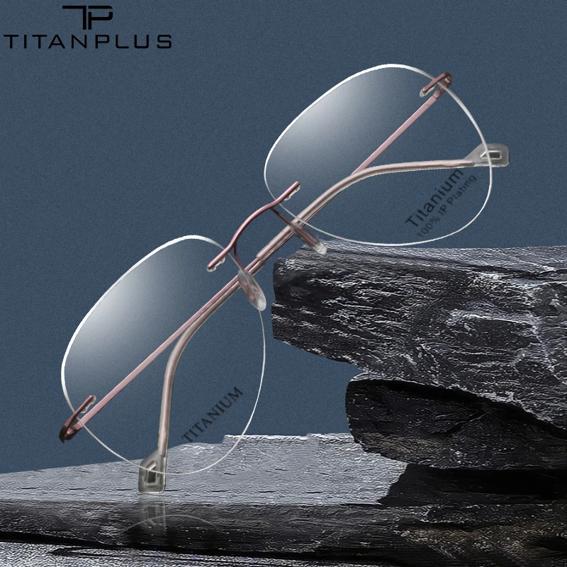 

TITANPLUS Rimless Prescription Square Eyeglasses Frames Myopia Optical Cat Eyes Titanium Glasses Frame for Women