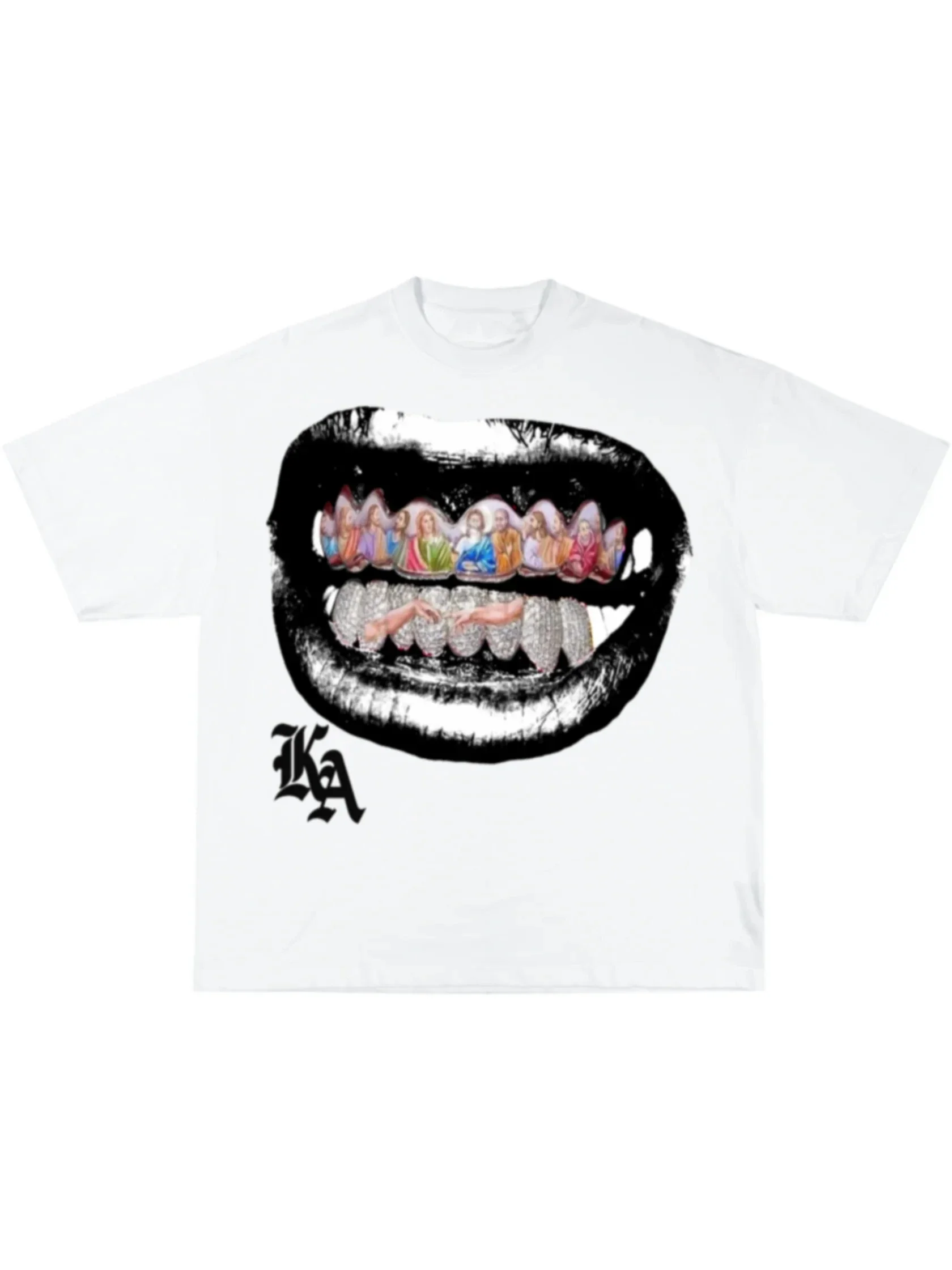 Pure Cotton Y2k Tops Oversized Teeth Graphic T-Shirt Men Women Hip Hop Harajuku Fashion Round Neck Plain Short Sleeve 2024 new