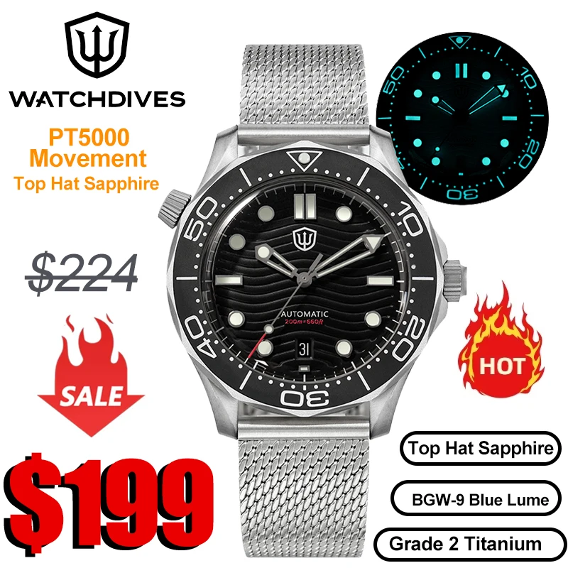 Watchdives WD007 Top Hat Sapphire PT5000 Dive Watch Luminous 200m Waterproof Automatic Movement Grade 2 Titanium Watches