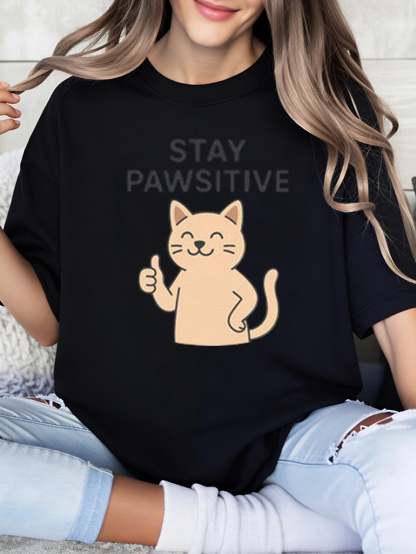 

Cat Stay Pawsitive Print t Shirt Halloween Women Casual Wear Black Plus-Size