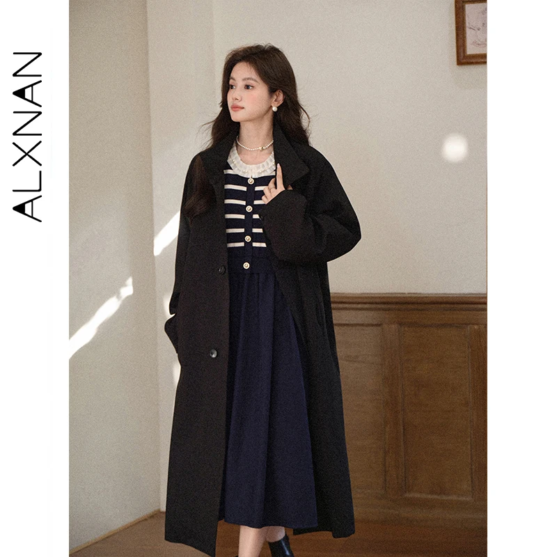 

ALXNAN Women's Dress False Two-piece Striped Patchwork Lace Collar Knitted Dress Autumn Versatile Commuting Long Dress L57951