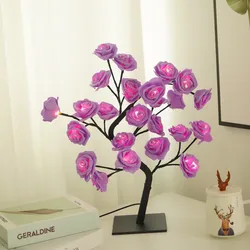 Luces LED de árbol de flores rosas, lámpara de mesa USB, luz nocturna de hoja de arce de hadas, fiesta en casa, Navidad, boda, decoración de dormitorio, regalo, 24 LED