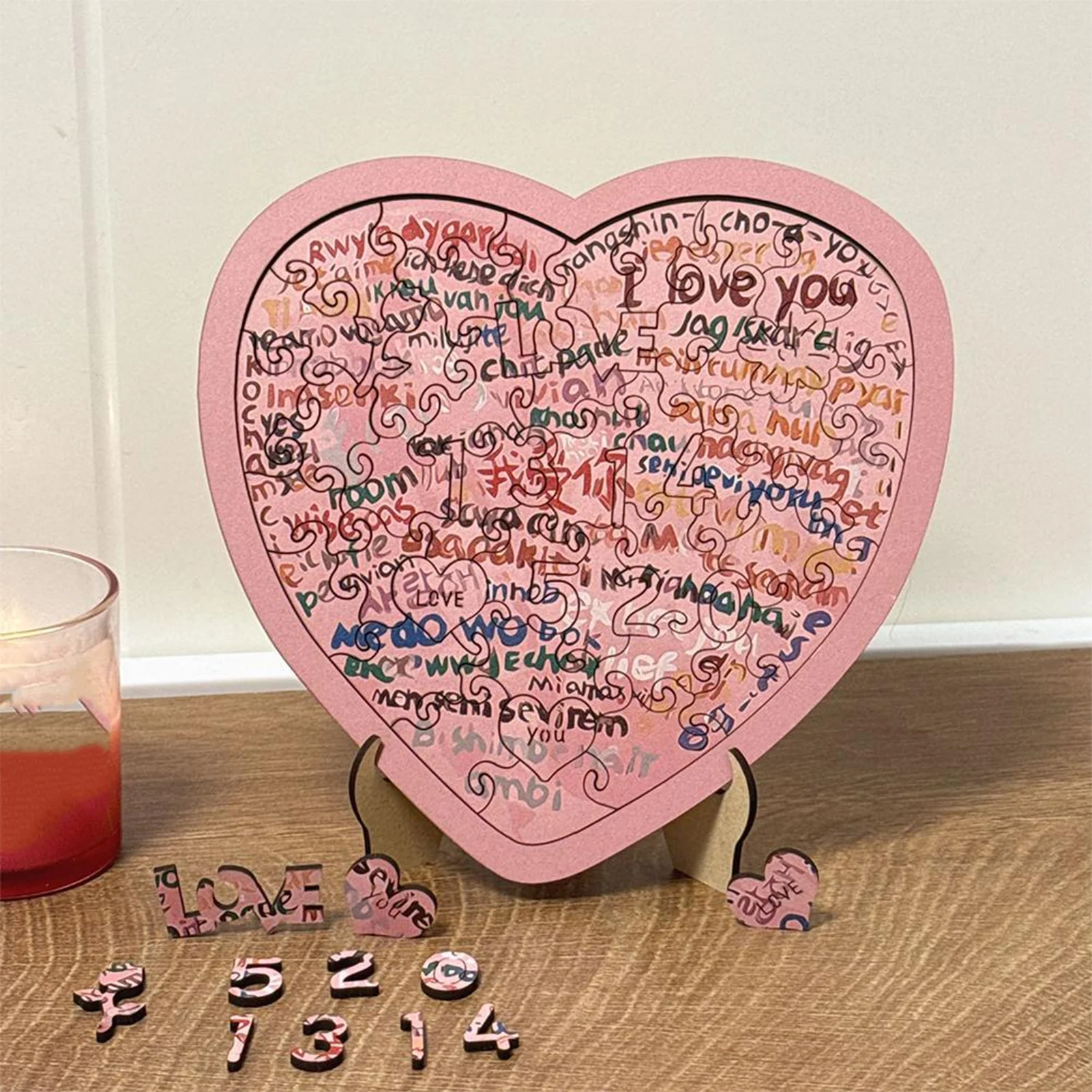 Heart-Shaped Jigsaw Puzzle 100 Languages Wooden Colorful Home Decor Valentine's Day Heart Puzzle for Table Window Porch Party