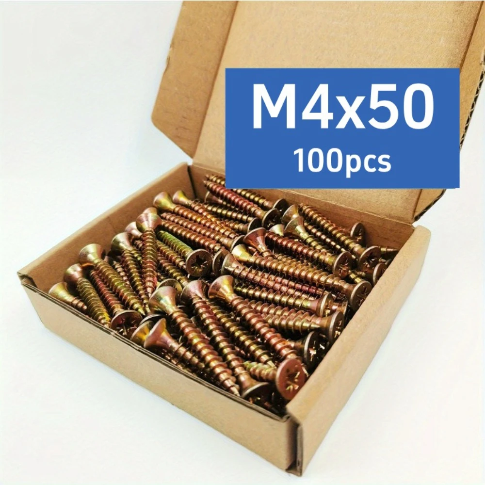

100pcs M4 Wood Interior Construction Screw Coarse Thread Phillips Drive Bugle Head Yellow Zinc Drywall Screw Assortment Kit