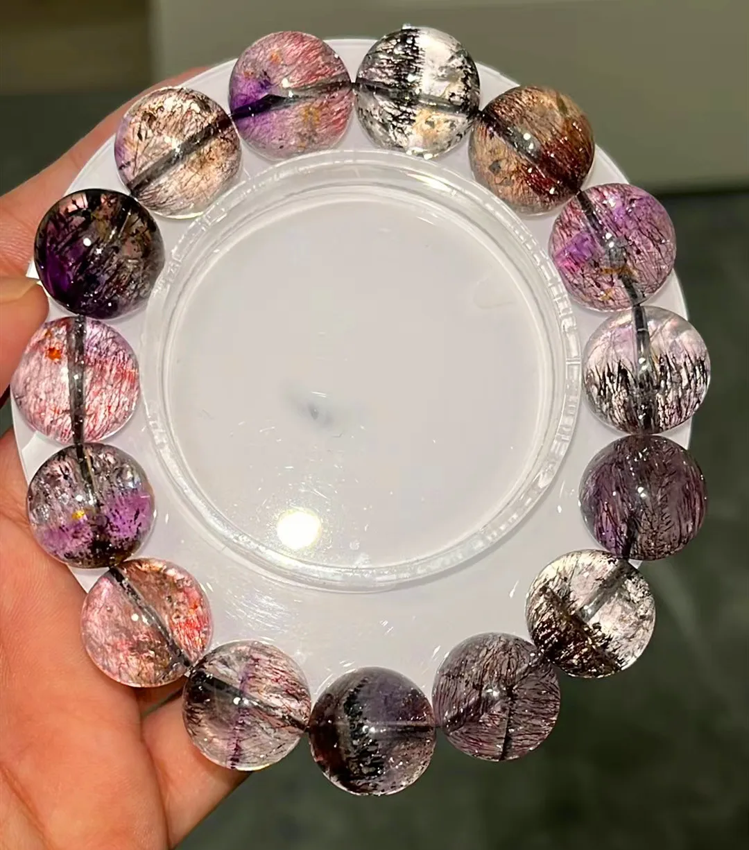 Natural Purple Black Super 7 Lepidocrocite Quartz Bracelet Jewelry Woman Men 14.8mm Rutilated Quartz Clear Beads AAAAAAA