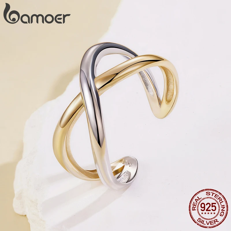 

Bamoer Bicolor Open Ring 925 Sterling Silver Unique Wrapping Design Adjustable Ring Women Fine Jewelry for Lover