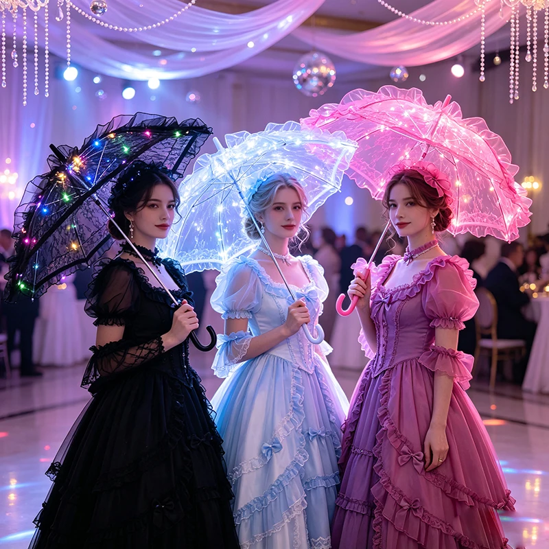 Luminous LED Ruffle Lace Umbrella With String Lights Party Stage Photography Wedding Cosplay Halloween Dance Decor Prop
