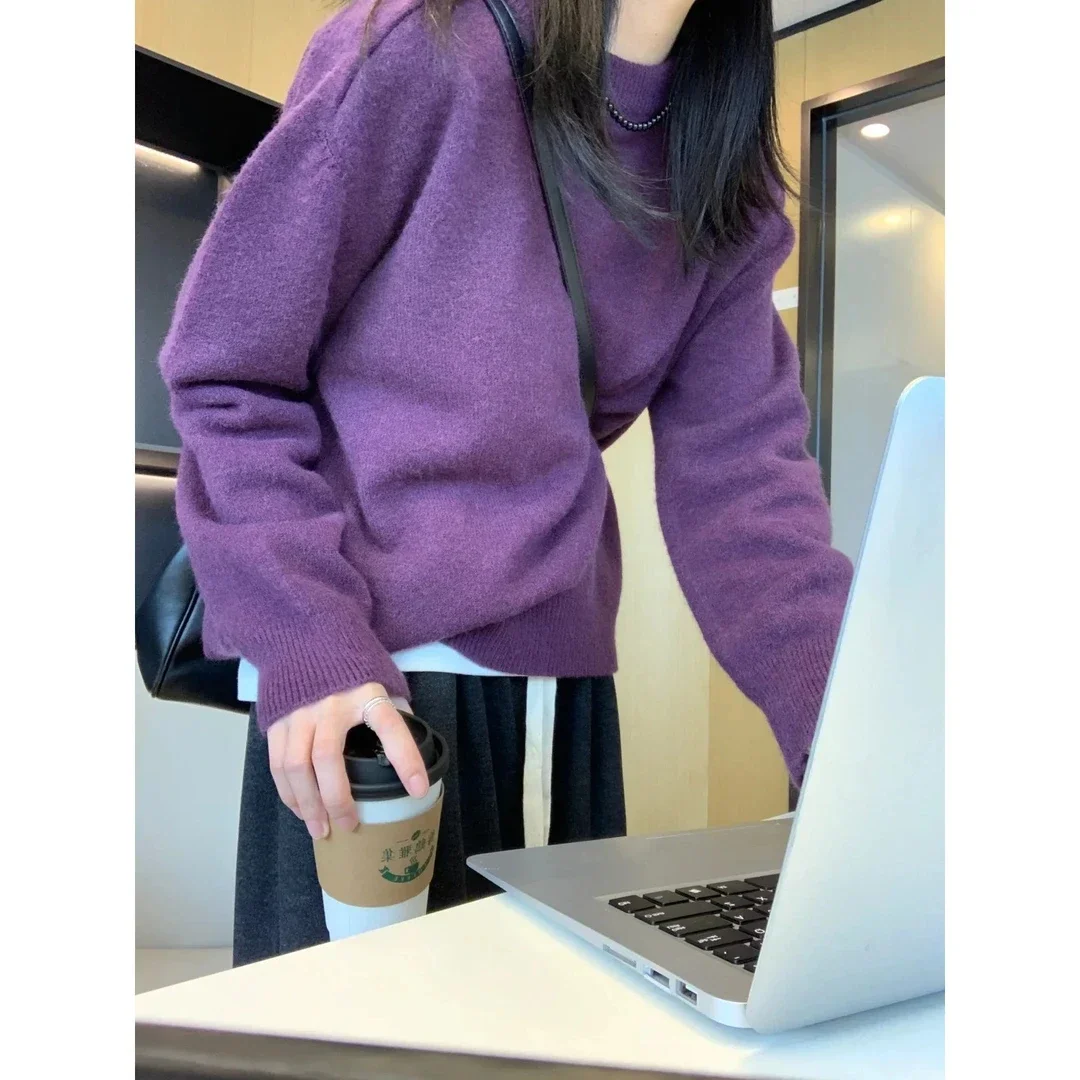 

Новый повседневный вязаный пуловер, женский осенний свитер с круглым вырезом и длинным рукавом, свободный однотонный универсальный шерстяной трикотаж, топ