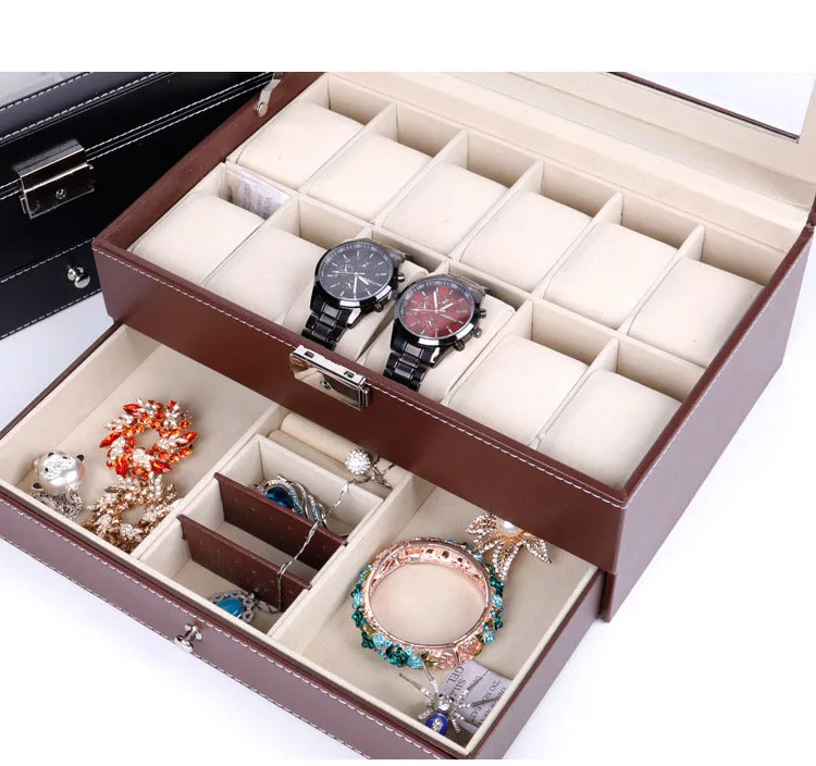 Double Layer 12 Slots Watch Box PU Leather Watch Case Boxes Organizer With Lock Jewelry Drawer for Women Men Best Gift