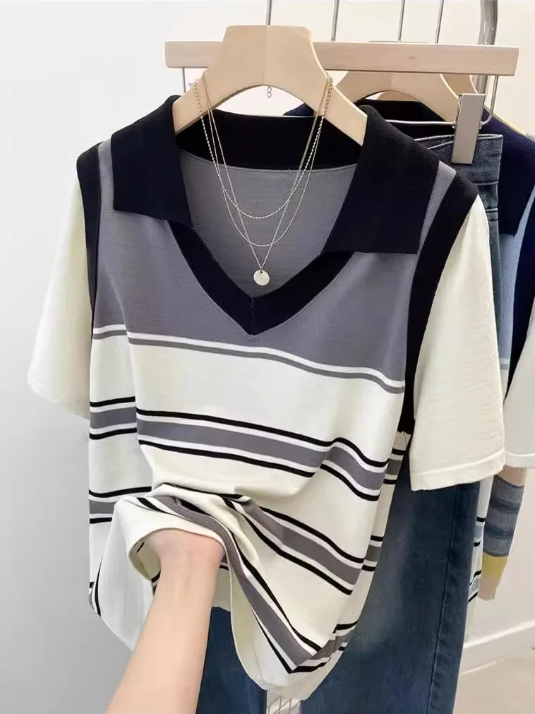 Женская модная полосатая футболка больших размеров, летняя свободная утягивающая футболка irt V-Ne, искусственный вязаный топ из двух предметов