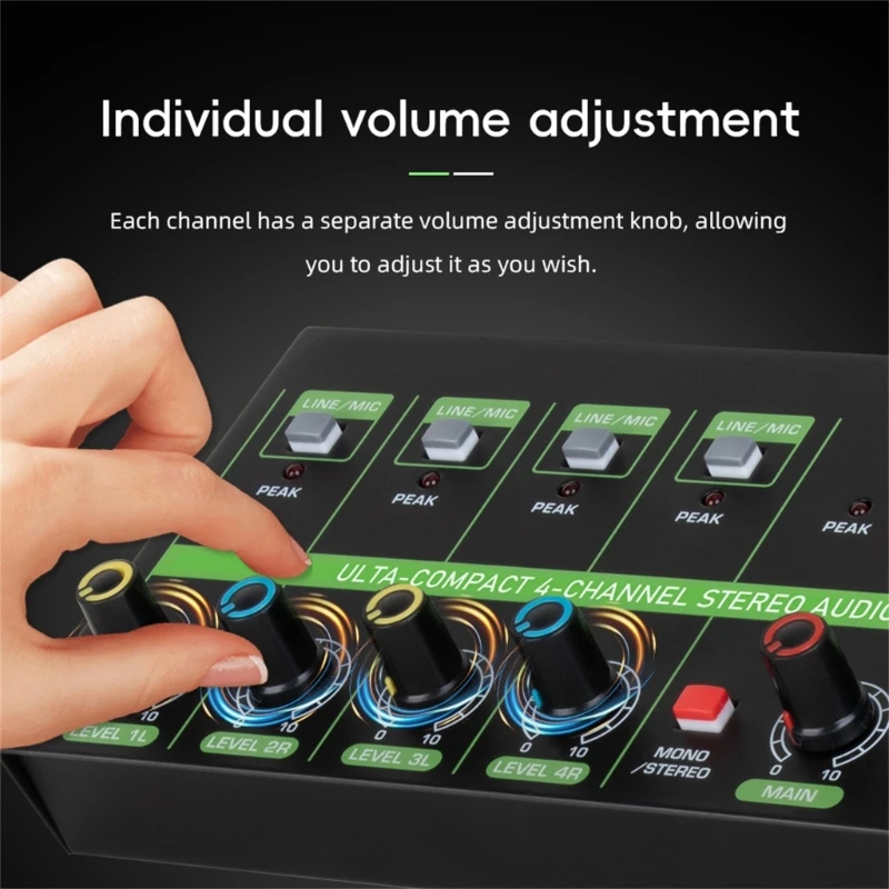 Quality 4 Channel Sound Mixer Line Mixer with Multiple Input Choices 4Independent Volumes Knob Type C DC5V Power Supply