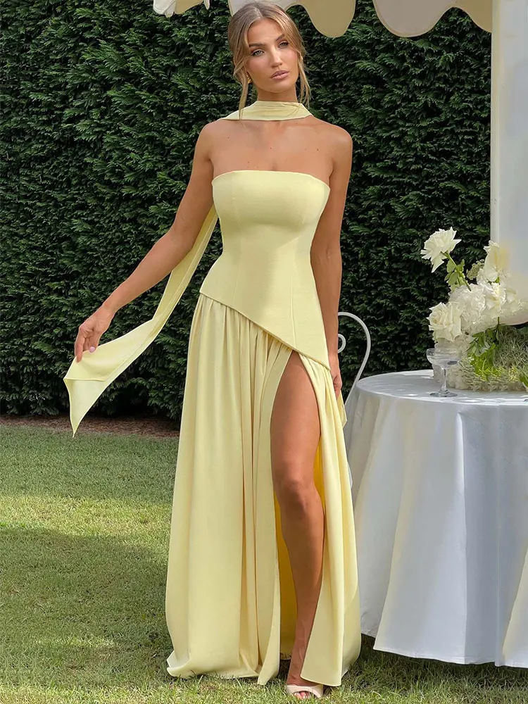 GACVGA élégant bretelles Sexy robe Maxi femmes robe écharpe col pansement dos nu haute fente Club soirée longue robe