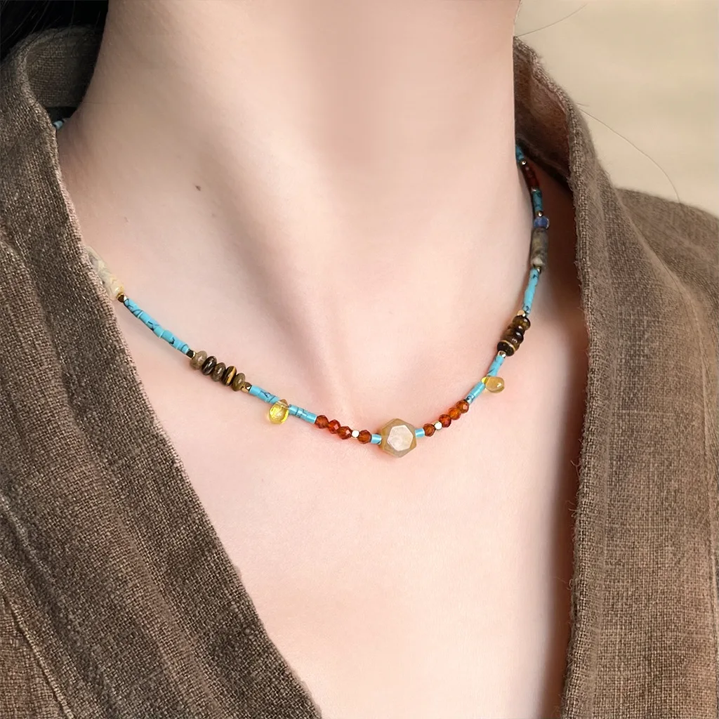

Natural Tiger Eye Turquoise Bead Picasso Necklace For Women Real Gold Plated Genuine Gemstone Jewelry Summer Choker Necklace