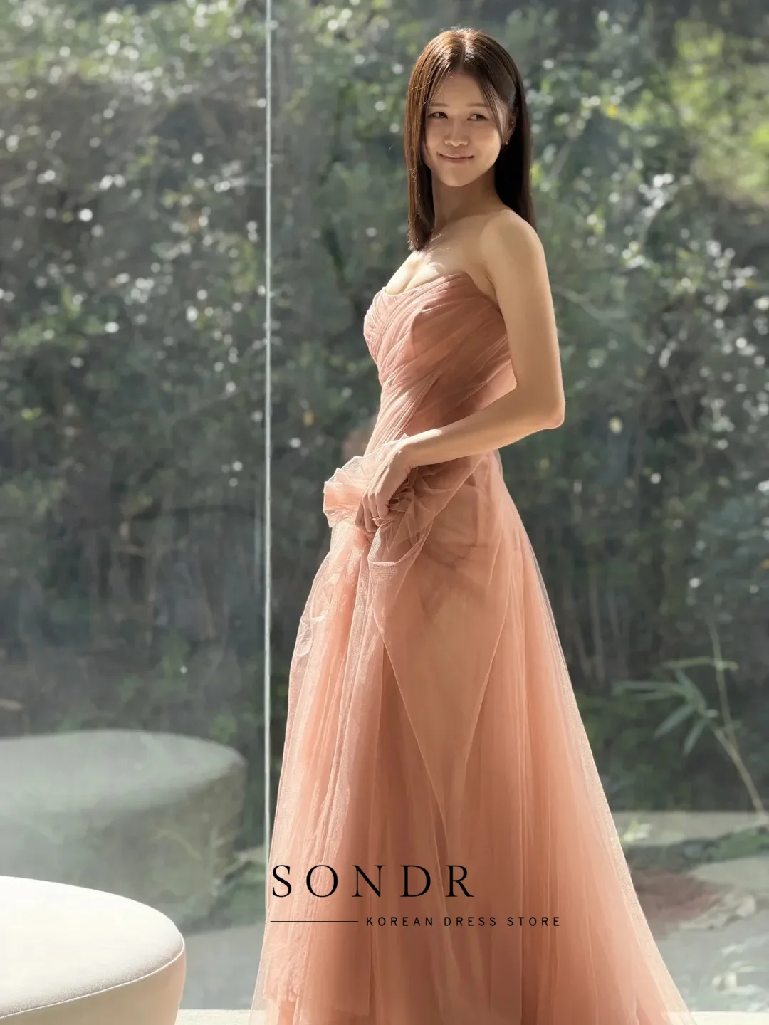Sondr 캐러멜 우아한 한국 웨딩 파티 드레스 신부를 위한 맞춤형 A라인 스트랩리스 튤 이브닝 드레스 셀프 웨딩 가운