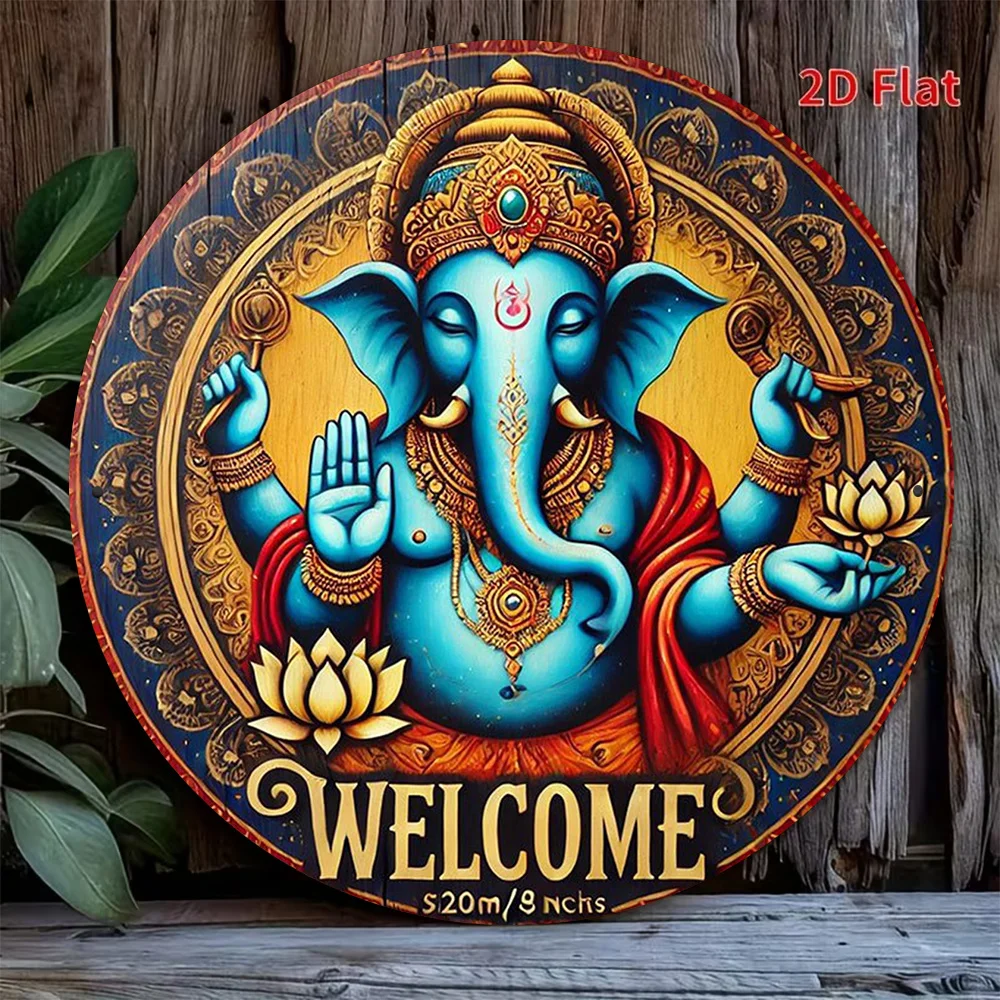 2D Metallschild Ganesha Willkommen Lotus Segen Retro Runde Aluminium-Wandkunst für Yoga Meditation Wohnzimmer Büro Tempel D