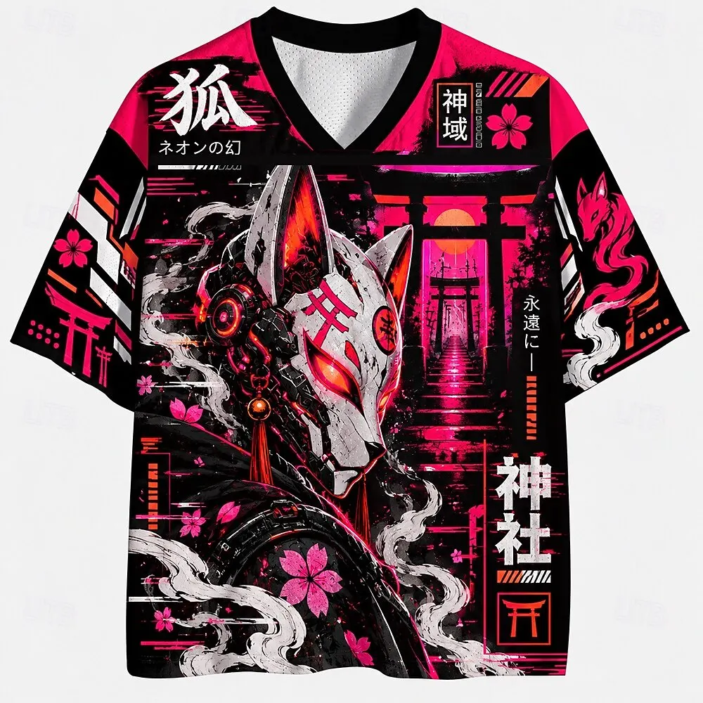 Neon Fox Spirit V-Neck Mesh Tee for Men Women Futuristic Anime All Over Print Top Japanese Style Casual Party Holiday Clothing