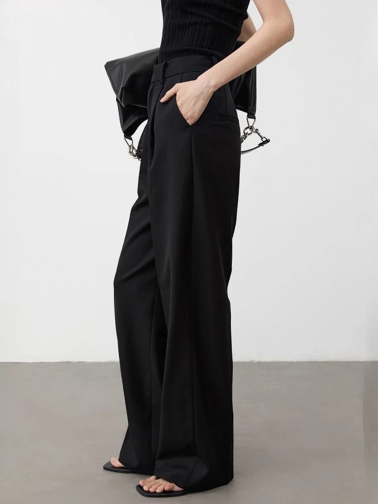 شيك فين النساء السراويل الصلبة الجديدة محبوك الصوفية عادية فضفاض عالية الخصر واسعة الساق دعوى مكتب السيدات بنطلون ربيع الخريف 2025