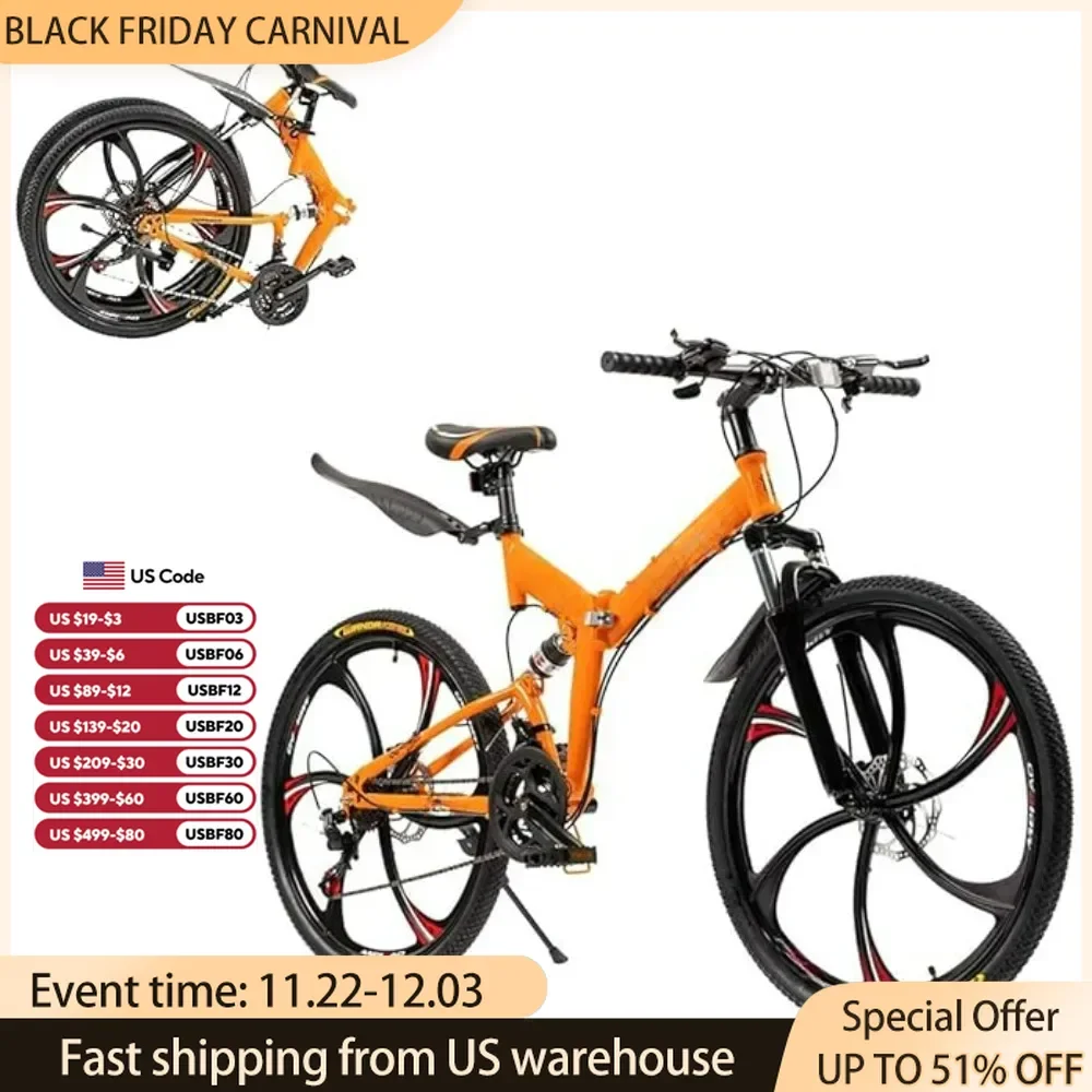 Outroad 26 Inch Folding Mountain Bike, Dual Disc Brake Non-Slip  21 Speed Full Suspension High-Carbon Steel MTB Foldable Bicycle