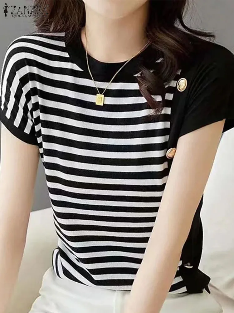 

Stripe Shirt Women Shirts Vintage OL Work Blouses Summer Short Sleeve ZANZEA 2024 Streetwear Blusas Buttons O-Neck Oversized