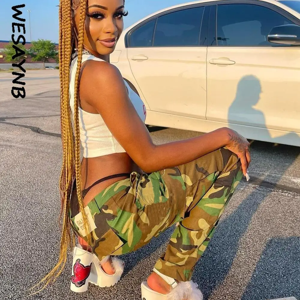 WESAYNB y2k Clothes Straight Cargo Pants For Women 2022 Green Casual Print Camouflage Trousers Baggy Pockets Pants Streetwear