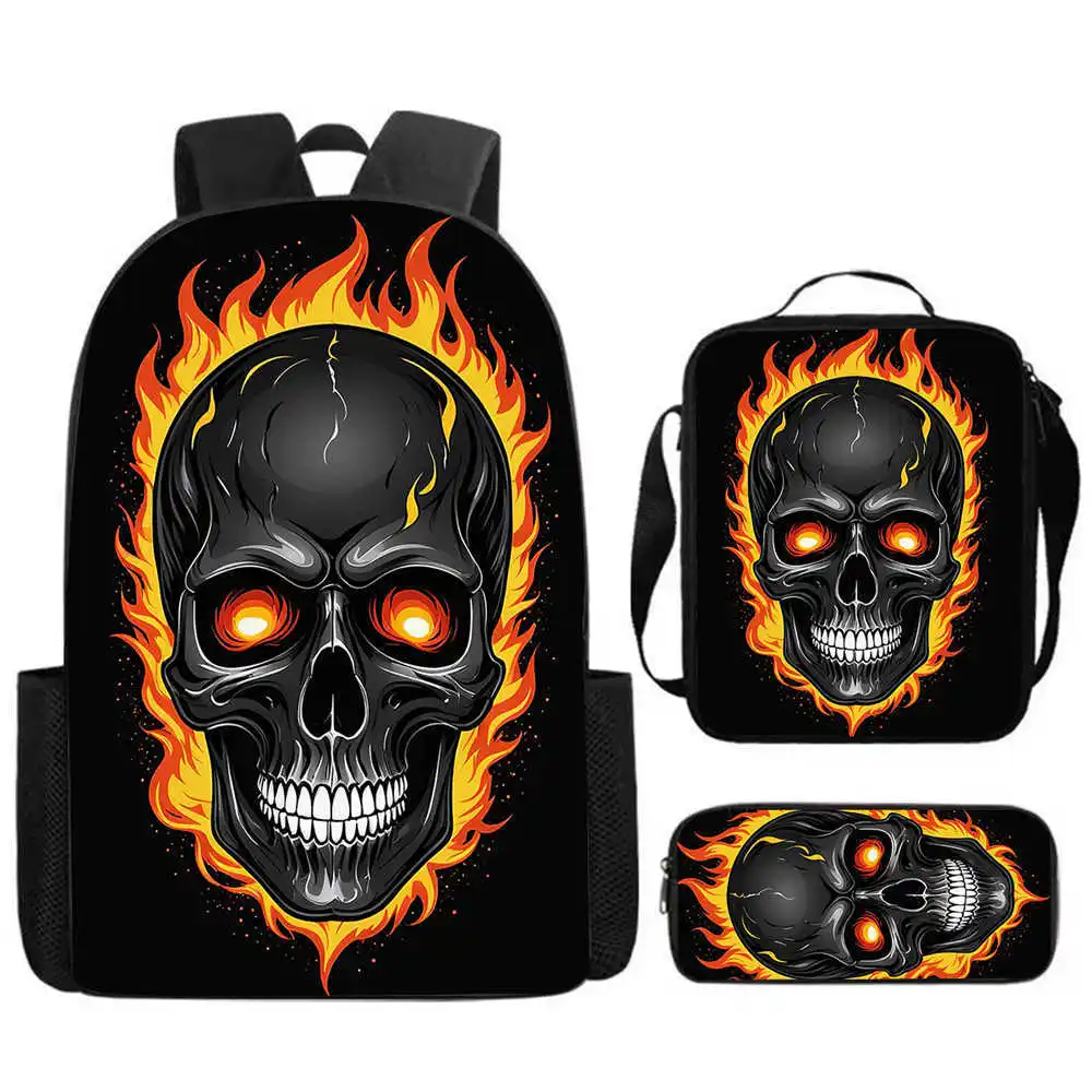Flame Skeleton Pattern Three Piece Set Backpacks for Boy and Girls Best Gifts Cartoon School Backpack for Children Gift