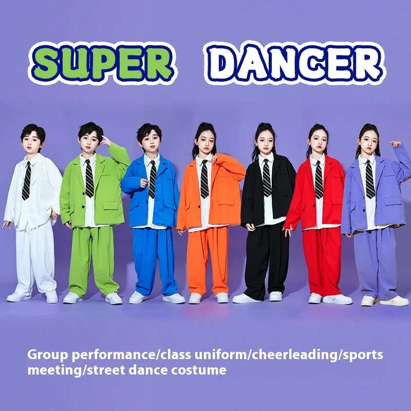 Teen School Kids Dance Suit Hip Hop Performance Blazer Jazz Drum Costume Stage Show 2pcs Outfit for Boys Girls Child Clothes Set
