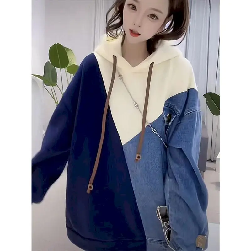 Imagem -05 - Denim Retalhos Hoodies Feminino Oversized Cabolsa com Capuz Primavera Outono Tendência Fina Solta Hoodie Moda Cor Contraste Topo Y2k Roupas