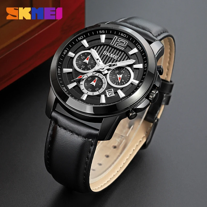 

SKMEI Quartz Men's Watch, Waterproof, Genuine Leather, Three Sub-Dials, Luminous, Calendar, Sports Quartz Watch