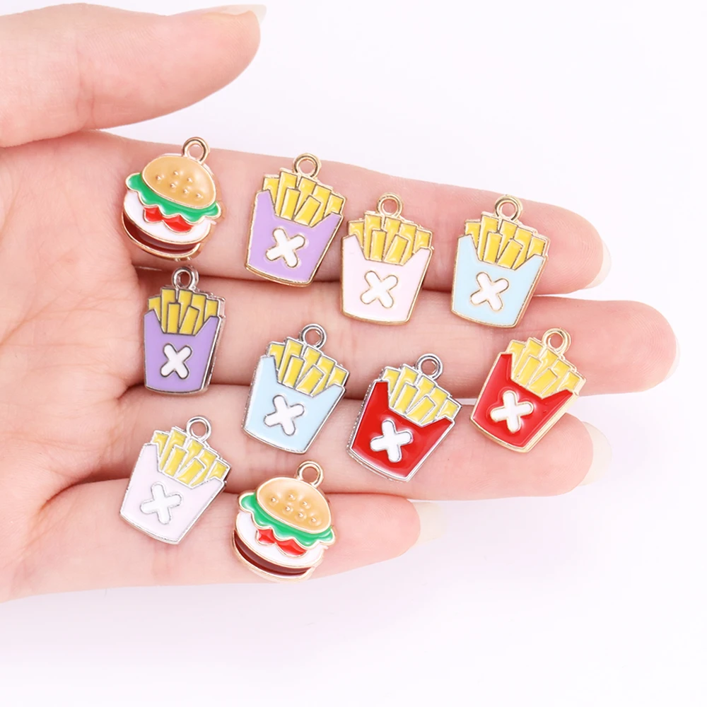 10Pcs Enamel French Fries Hamburger Charms for Jewelry Making Cute Foods Pendant Earrings Keychain Accessories Diy Crafts