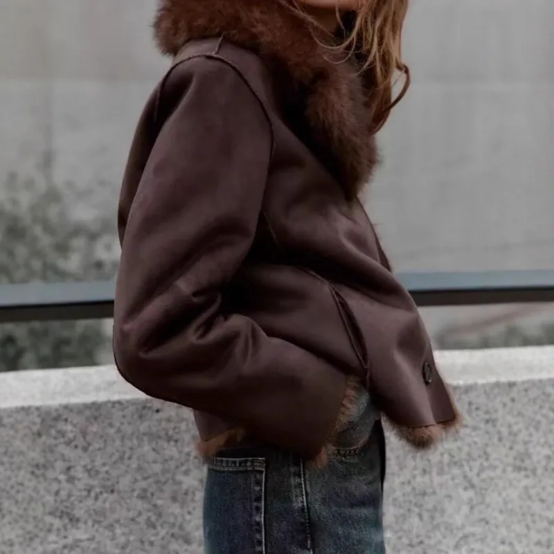 HKSH 2025 شتاء جديد المرأة معطف الفرو فو عكسها واحدة الصدر بدوره إلى أسفل طوق الراقية أنيقة المد سترة دافئة HK15864 #3