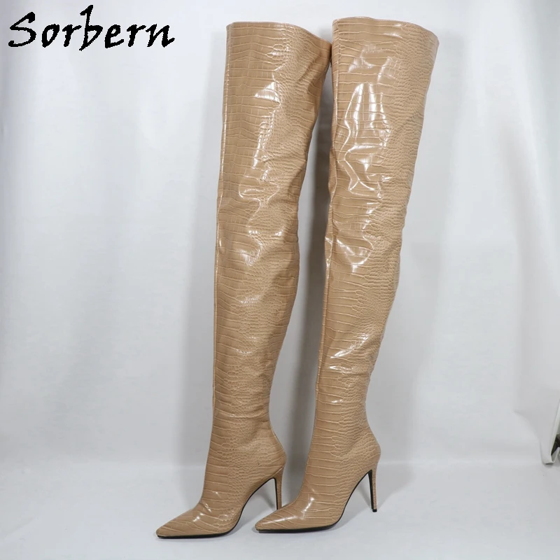 Sorbern-bottes Nude Crocodile pour femmes, bottes brevetées, à bout pointu, à talons hauts, personnalisées, larges, ajustées, cuisse longue, nouvelle collection 2020