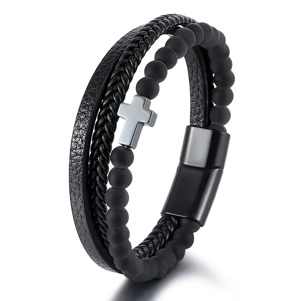 Natural Tiger Eye Stone Bead Bracelet Wholesale Men's Cross Multi-Layer Woven Leather Bracelet In Stock