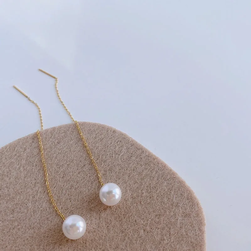 Minimalist Stainless Steel Long Tassel Pearl Threader Earrings for Women Gold Color Dainty Chain Dangle Earrings Wedding Jewelry