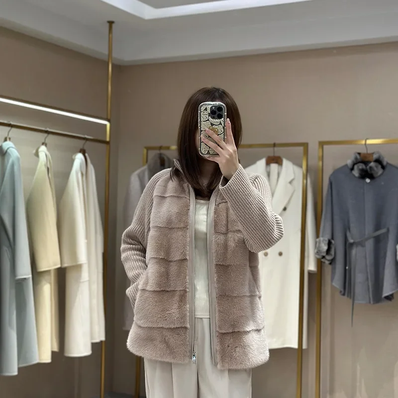 Autumn and Winter New Mink Whole Mink Spliced Cashmere Wool Knitted Mink Fur Coat Woman