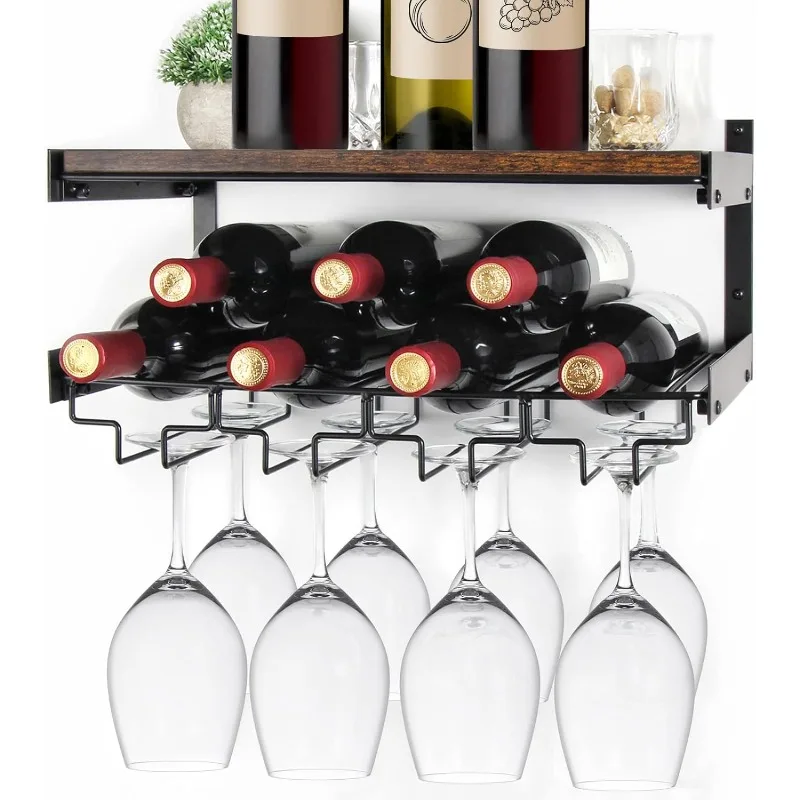 Wine Glass Rack Wall Mounted, Holding 8 X Glasses and 7 X Bottles, Industrial Wine Glass Rack Wall Mounted