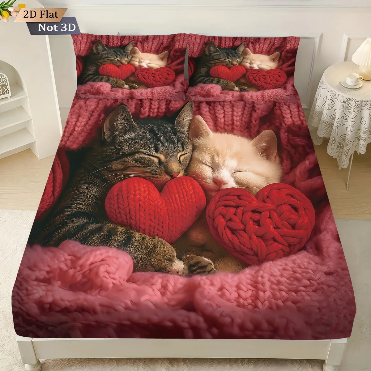 3 قطع من ملاءات السرير الرومانسية اللطيفة المطبوعة على شكل قطة لعيد الحب، مجموعة متعددة الحجم لتزيين غرفة النوم وقابلة للغسل في الغسالة