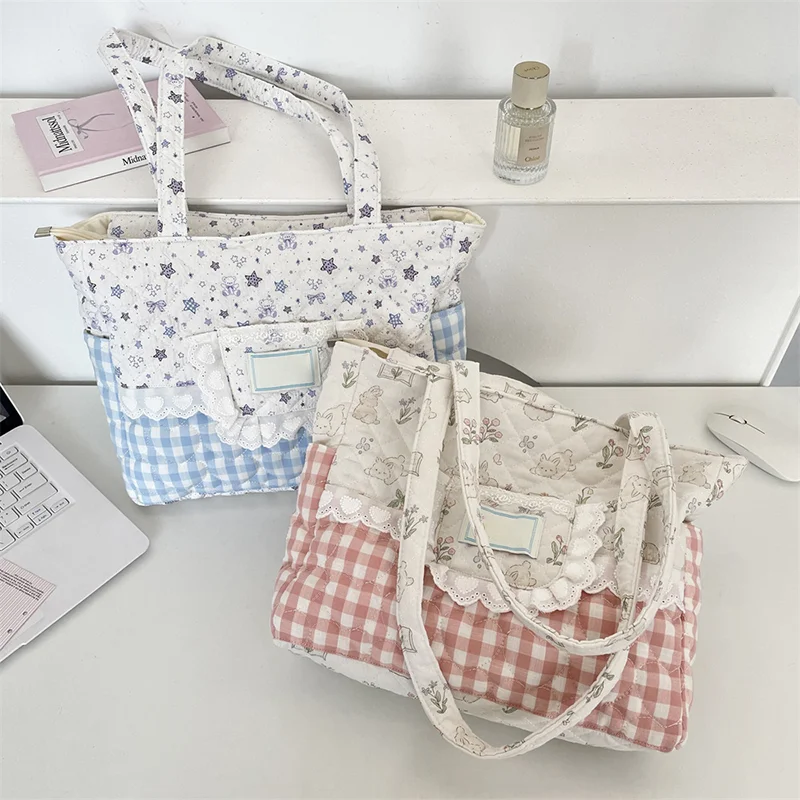 Bolso Tote Floral a Cuadros Bonito, Bolso de Hombro Coreano con Encaje y Patchwork, Bolso de Mano Japonés Dulce, Bolso de Compras de Gran Capacidad para Viajes Diarios