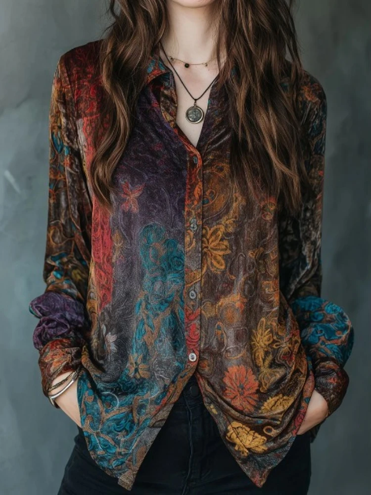 Vintage Flower Printed Long Sleeve Women Velvet Shirt Commute Single Breasted Office Shirt Top 2026 New Bohemian Blouse