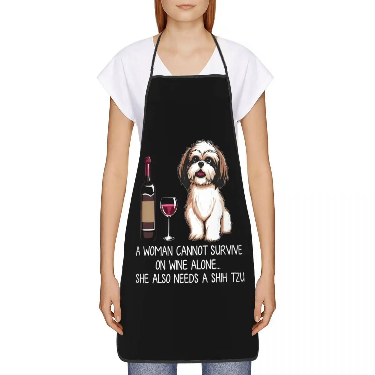 Funny Shih Tzu Dog And Wine Aprons Women Men Cartoon Puppy Adult Unisex Kitchen Chef Bib Tablier Cuisine Cooking Baking Painting