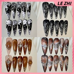 10Pcs Spice Girls Handmade French Style Long Stiletto Coffin Press On Nails Y2K Lizard Skin Leopard Print Cat Eyes Fake Nails
