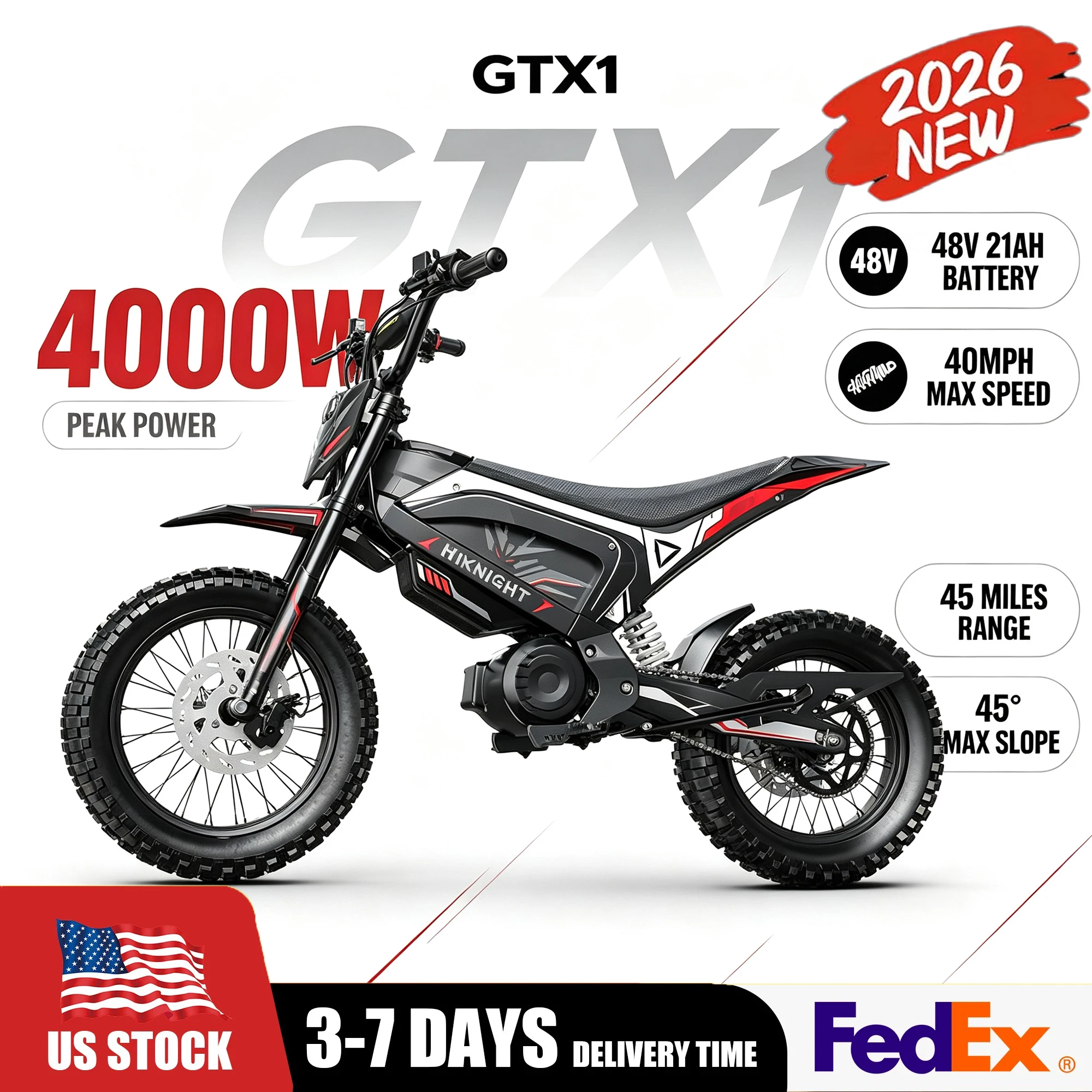 HiKNiGHT GTX1 Electric Dirt Bike, 4000W Mid-Drive Motor, Off-Road Capability, 40MPH 45Mile, 48V 21Ah Battery, Full Suspension, 14'/12' Fat Tires, Off-Road Electric Motorbike