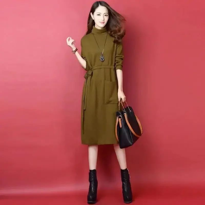 

2025 Autumn/Winter Slimming Waist-Fitted Knit Dress Thickened Pullover Sweater Women's Extra-Long Sweater Dress
