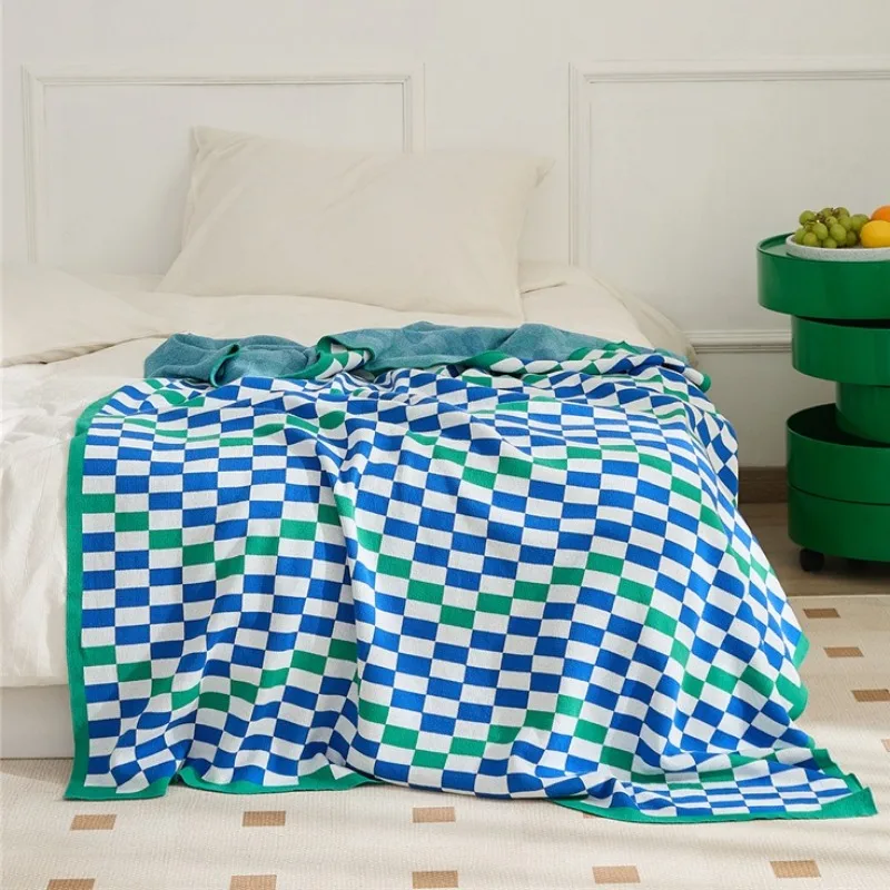 Cotton Checkerboard Thread Blanket Geometric Knit Soft Outfit with Throw Luxury Four Seasons Sofa Cover Bedspread on The Bed