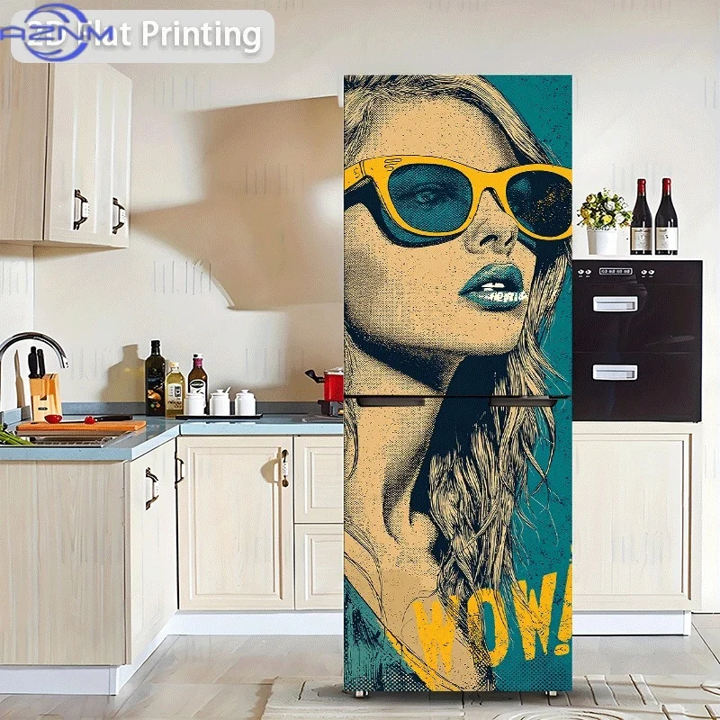 Refrigerator Sticker 60x180cm, Vintage-style Illustration Featuring a Fashionable Woman with Long Hair and Wearing Yellow Fash