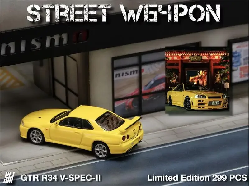 Street Weapon SW 1:64 Civic EG6 Sonic / GTR R34 V-SPEC-II Yellow Limited299 Diecast Model samochodu