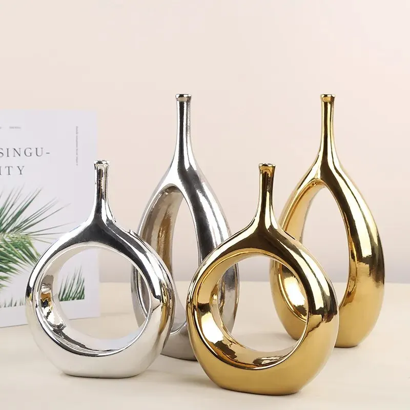 Ceramic Vase Gold Hollow Out Round Shape Flower Arrangement Hydroponics Accessories Handicraft Ornaments Wedding Vases