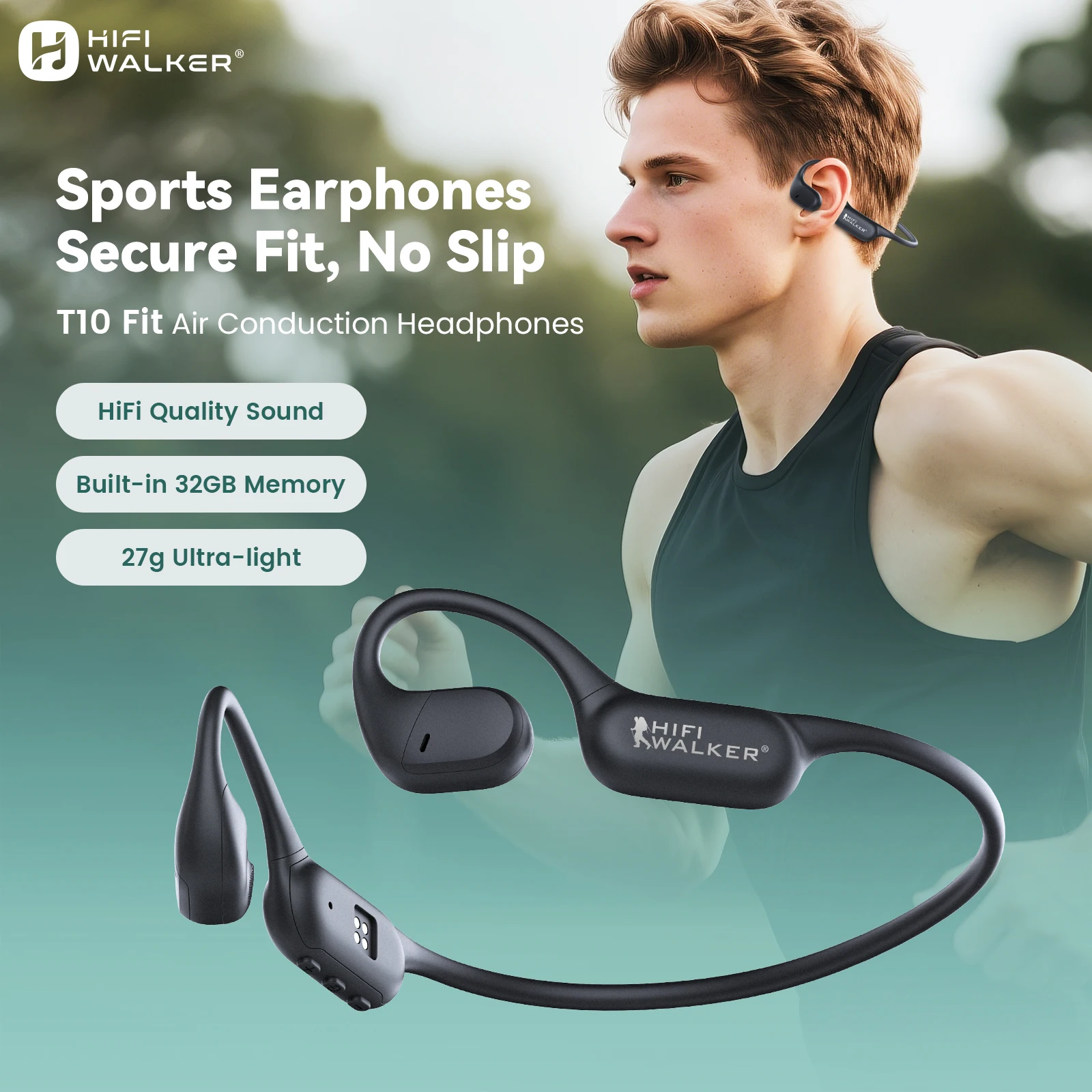 

Hifi Walker T10 Fit Air Conduction Heaphones Bluetooth 5.4 Open Ear, 32GB Mp3 Player, IPX5 Waterproof Clear Microphone Sports