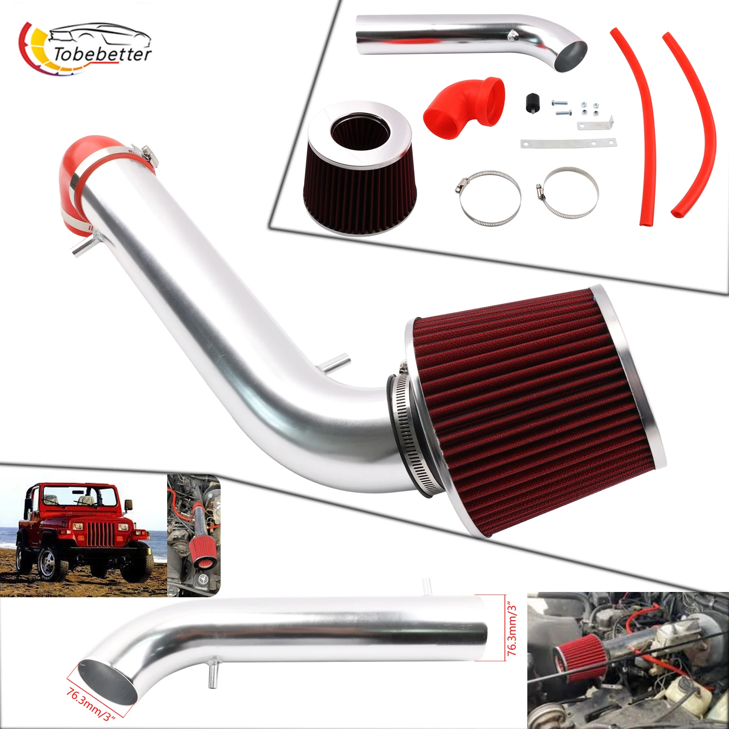

Short Ram Air Intake Kit Pipe + RED Filter For 1991-1995 JEEP Wrangler 2.5L 4.0L L4 L6 Racing System