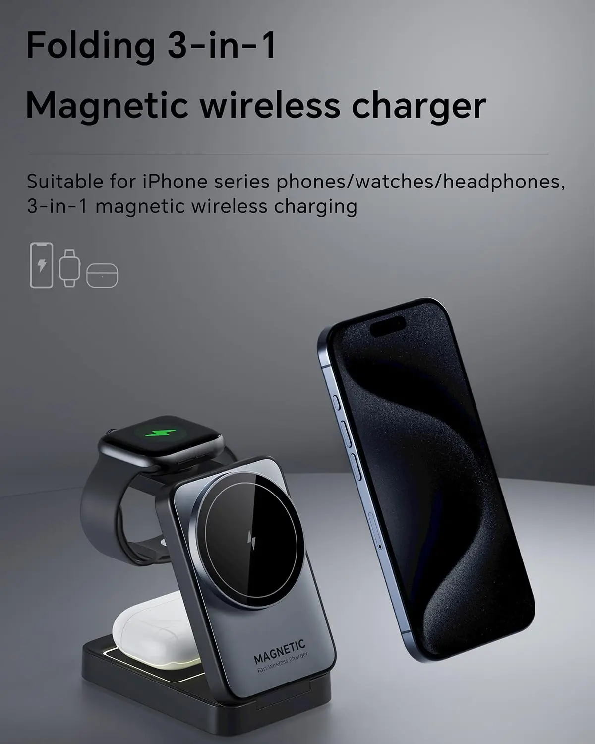 شاحن لاسلكي مغناطيسي 3 في 1 قابل للطي لهاتف iPhone 16/15/14/13 Pro Max وAirPods وحامل شحن سريع iWatch