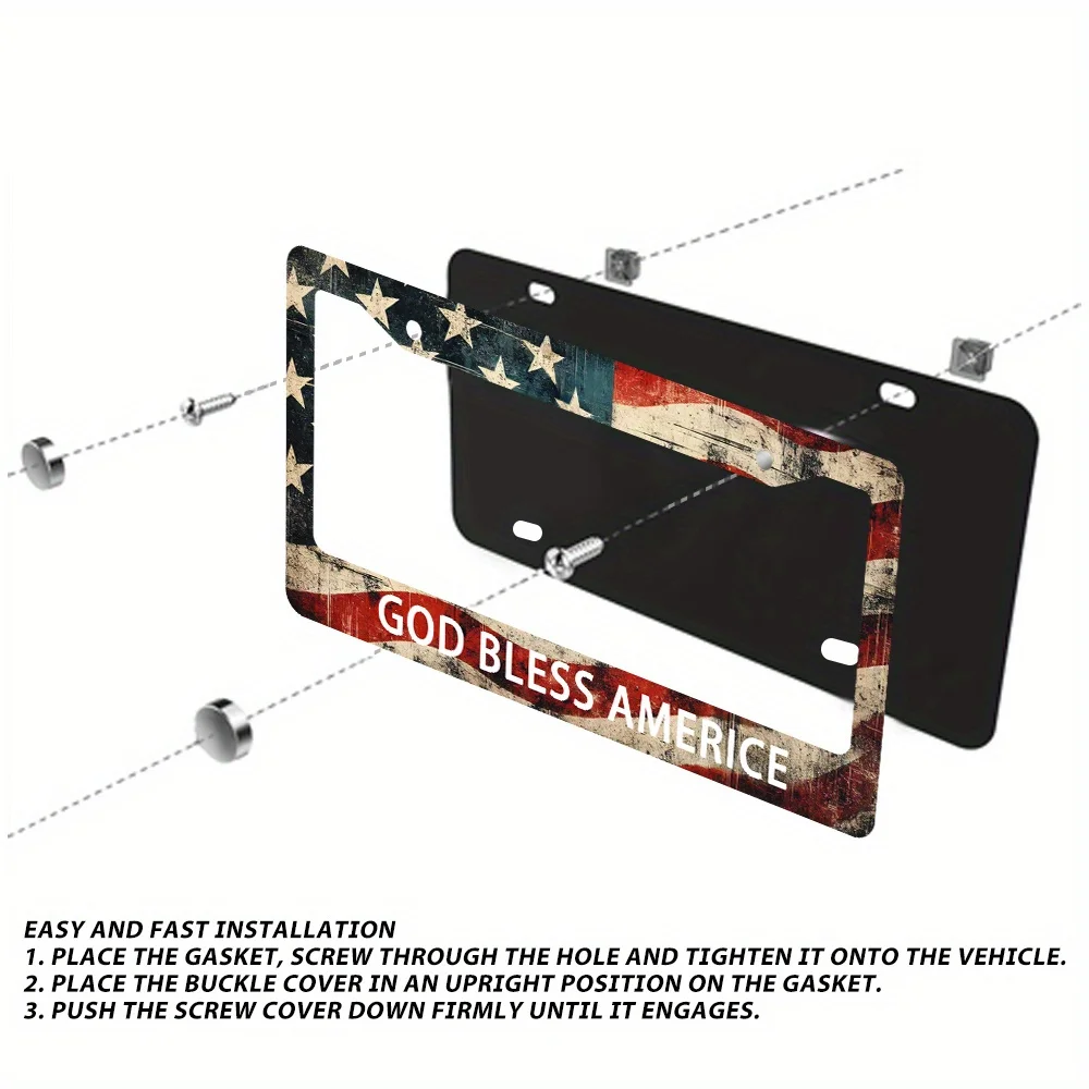 2 Pack Vintage American Flag License Plate Frames Aluminum Patriotic Design with God Bless America Text Fits US Vehicles
